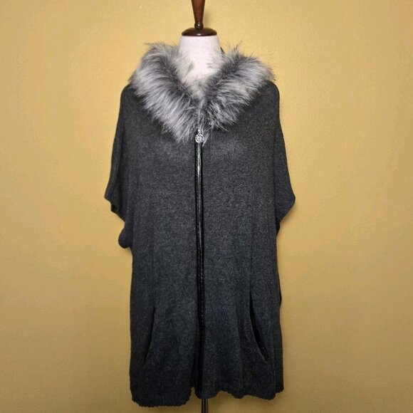 Anne Klein Hooded Zip Up Faux Fur Leather Trim Poncho Grey Sweater Large Zip Up - Picture 1 of 8